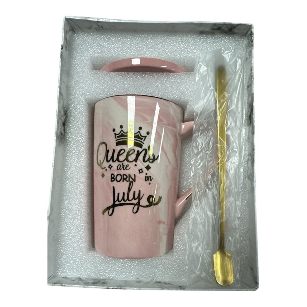 Pink Ceramic Mug with Gold Spoon - NIB - Queens are Born in July